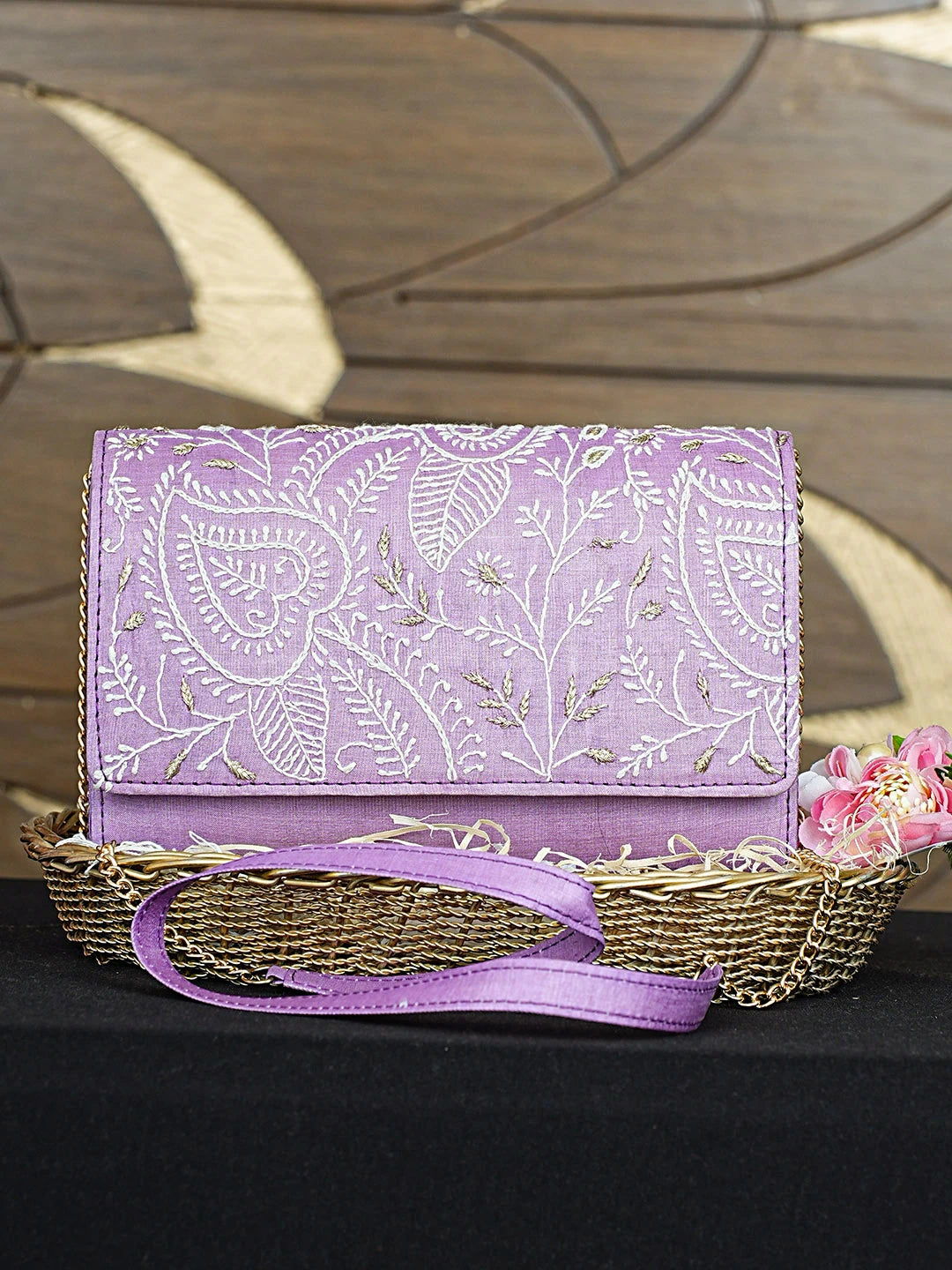 Ada Hand Embroidered Mauve Silk Lucknowi Chikankari Clutch With Zari Work 01A926543