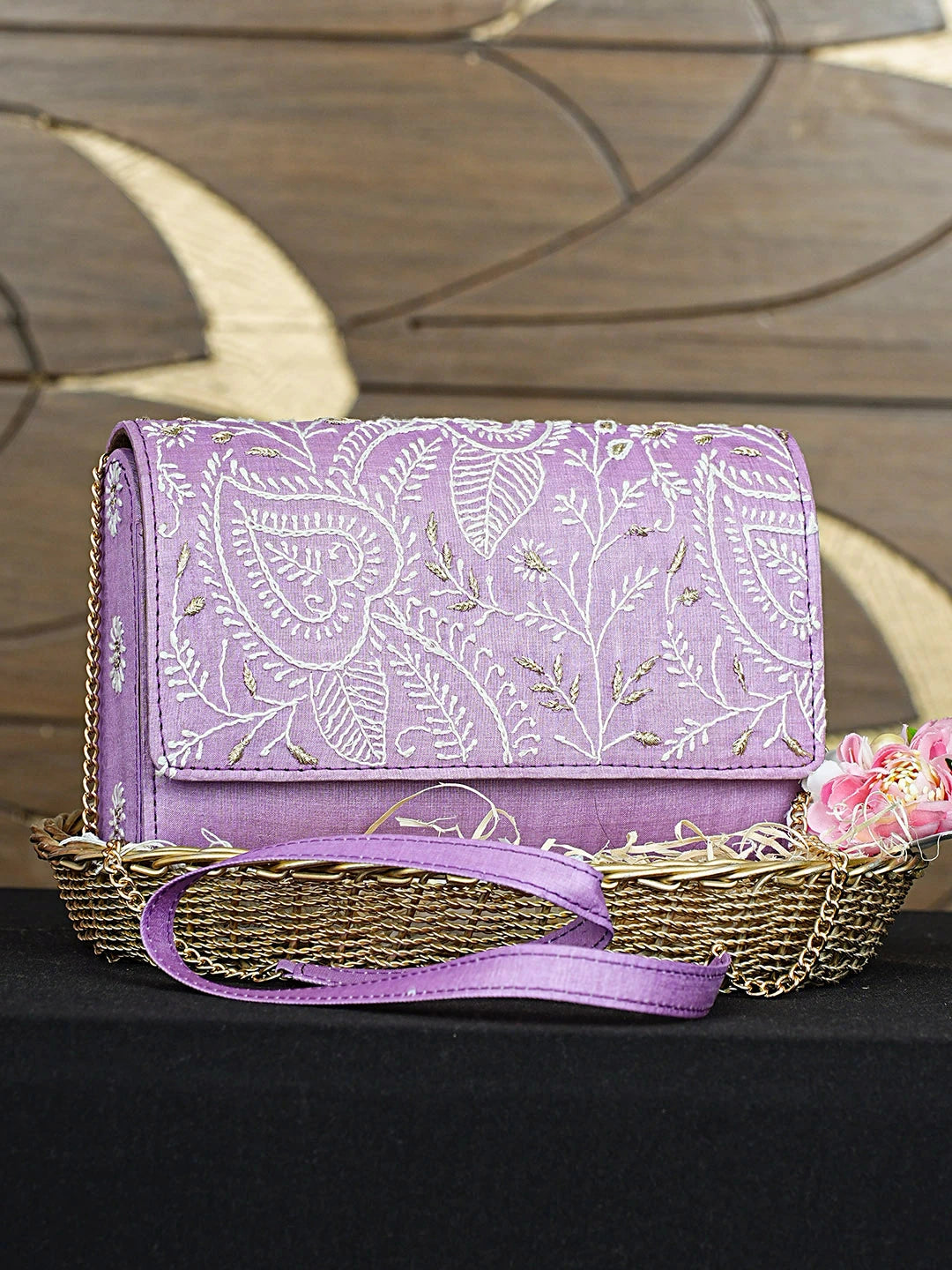 Ada Hand Embroidered Mauve Silk Lucknowi Chikankari Clutch With Zari Work 01A926543