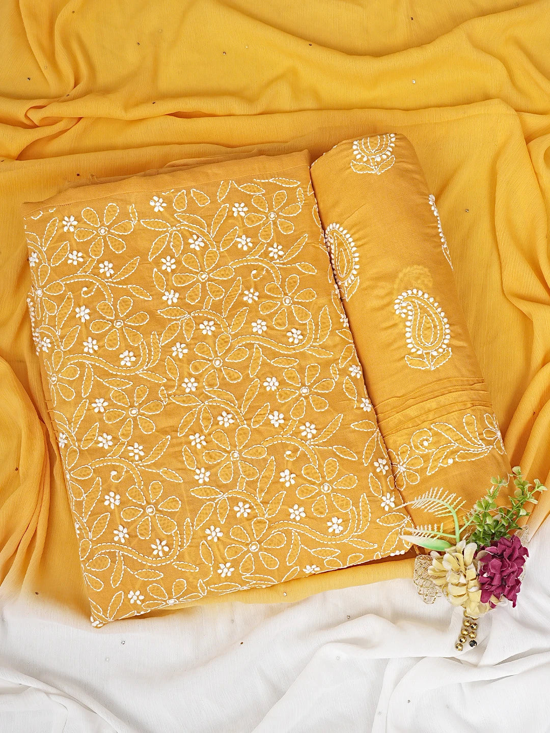 Ada Hand Embroidered Mustard Cotton Lucknowi Chikankari Unstitched Suit Piece 01A735960