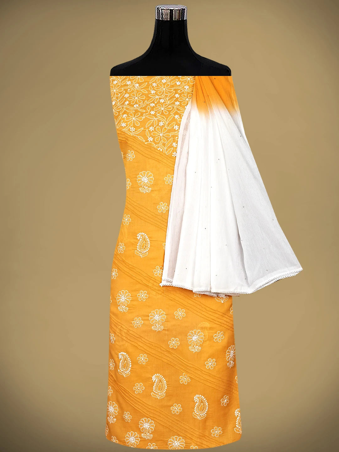 Ada Hand Embroidered Mustard Cotton Lucknowi Chikankari Unstitched Suit Piece 01A735960
