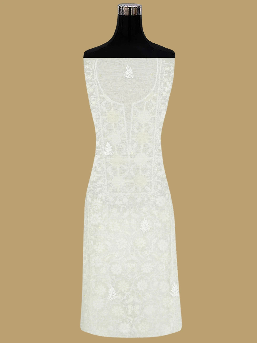 Ada Hand Embroidered Floral White Chanderi Lucknowi Chikankari Unstitched Kurta Dupatta Set With Cutdana Work 01A754636