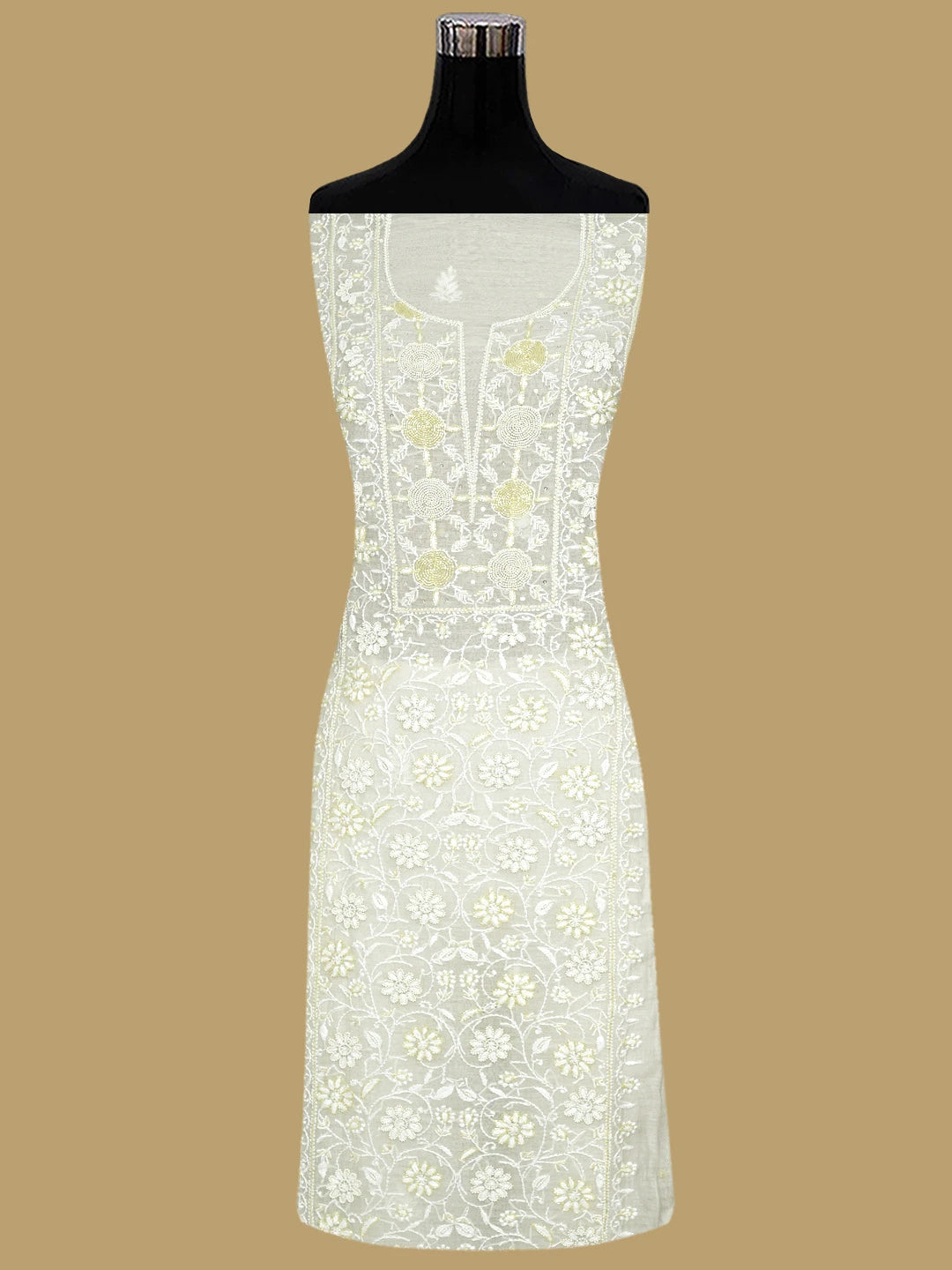 Ada Hand Embroidered Floral White Chanderi Lucknowi Chikankari Unstitched Kurta Dupatta Set With Cutdana Work 01A754636