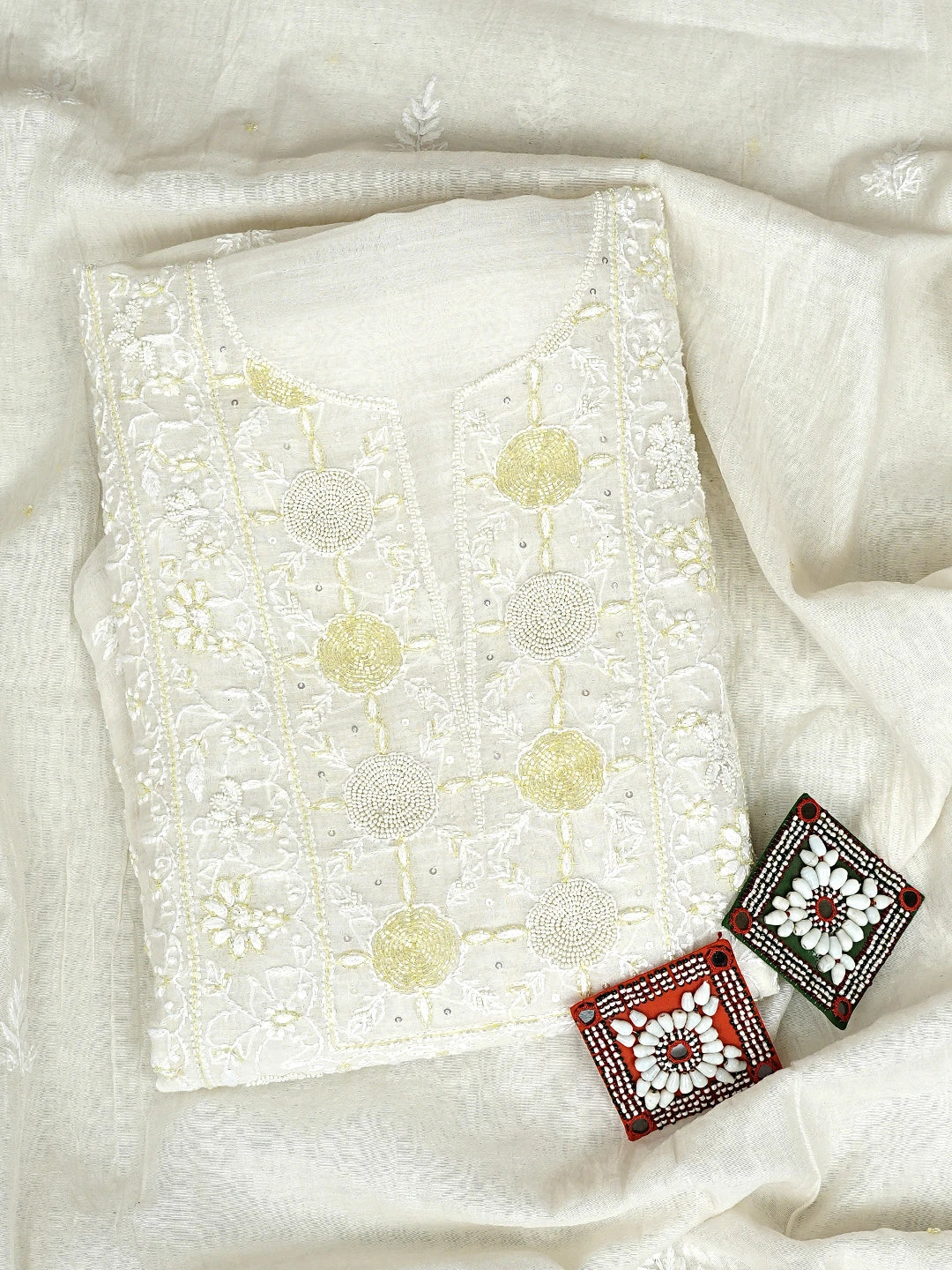 Ada Hand Embroidered Floral White Chanderi Lucknowi Chikankari Unstitched Kurta Dupatta Set With Cutdana Work 01A754636