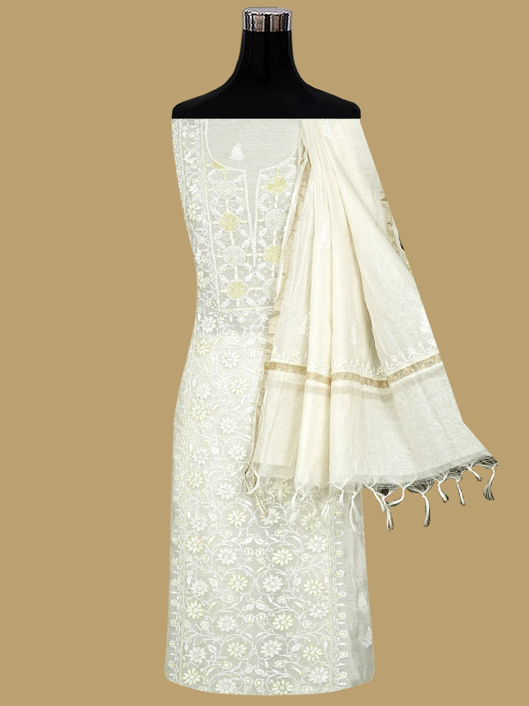 Ada Hand Embroidered Floral White Chanderi Lucknowi Chikankari Unstitched Kurta Dupatta Set With Cutdana Work 01A754636