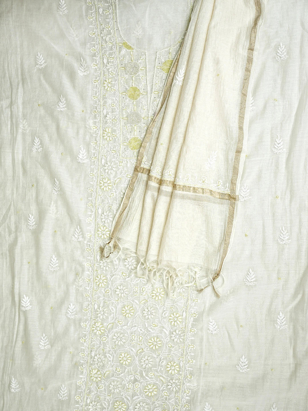 Ada Hand Embroidered Floral White Chanderi Lucknowi Chikankari Unstitched Kurta Dupatta Set With Cutdana Work 01A754636