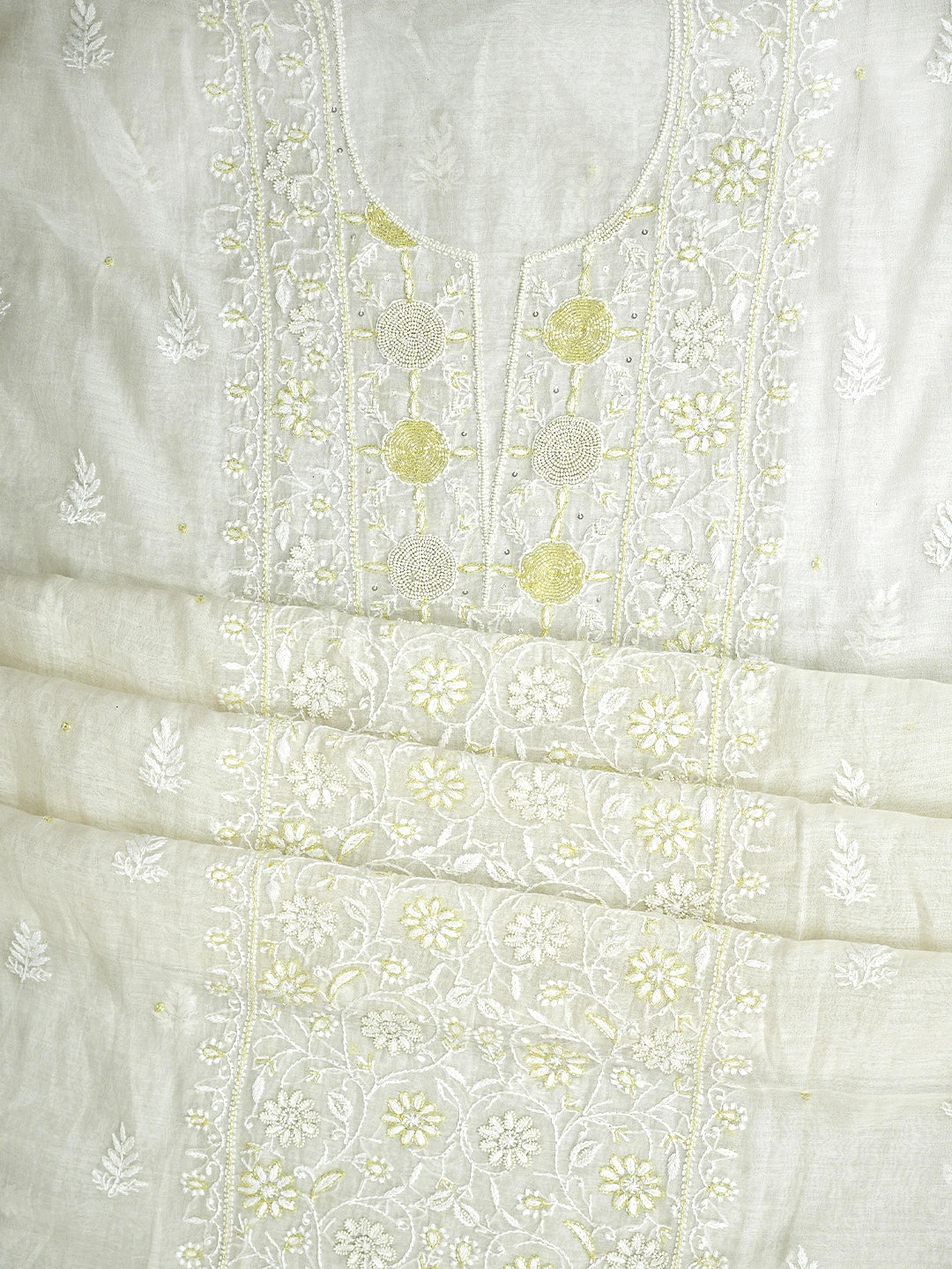 Ada Hand Embroidered Floral White Chanderi Lucknowi Chikankari Unstitched Kurta Dupatta Set With Cutdana Work 01A754636