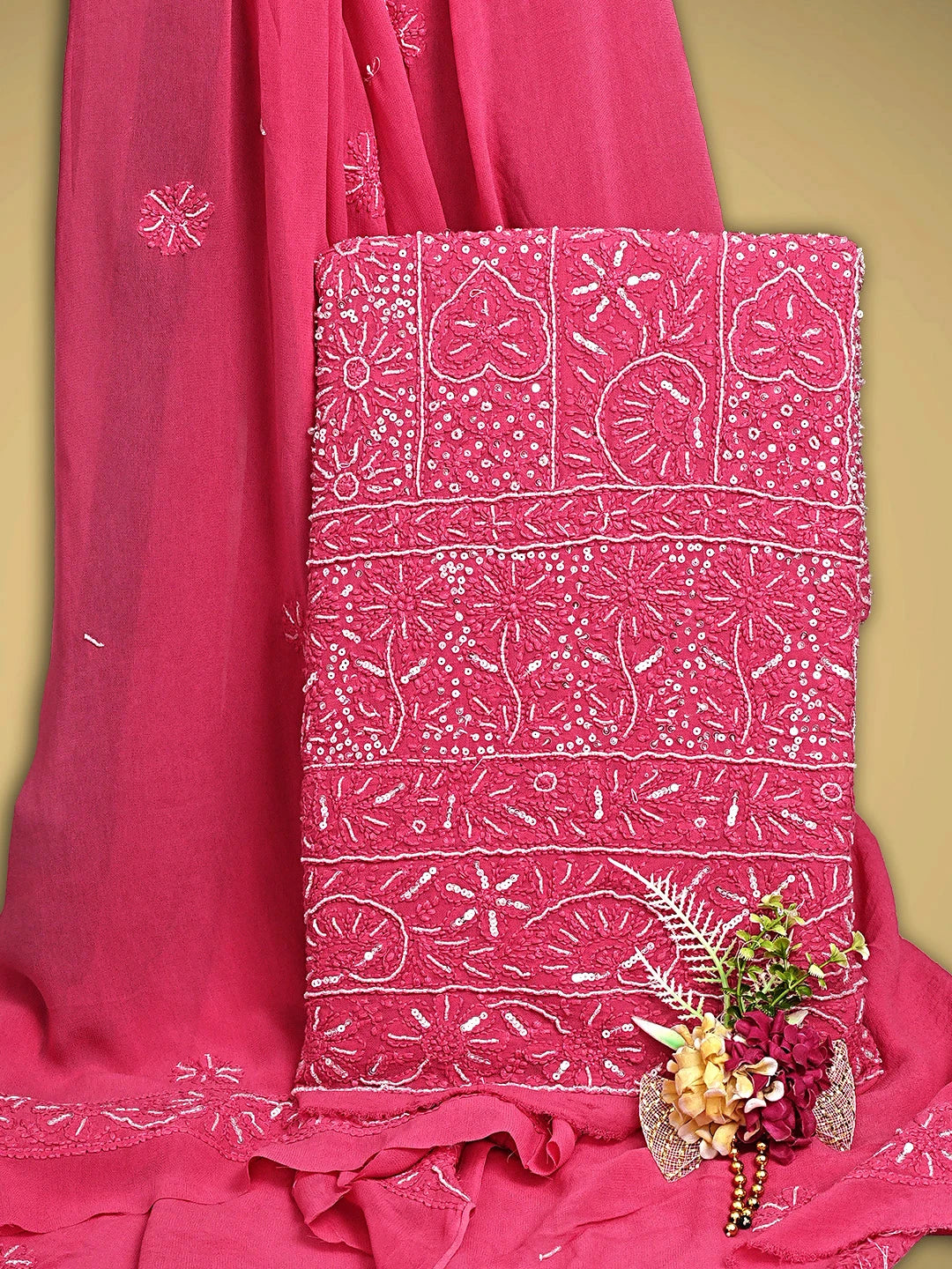 Ada Hand Embroidered Rose Pink Viscose Georgette Lucknowi Chikankari Unstitched Kurta Dupatta Set With Cutdana Work 01A707637