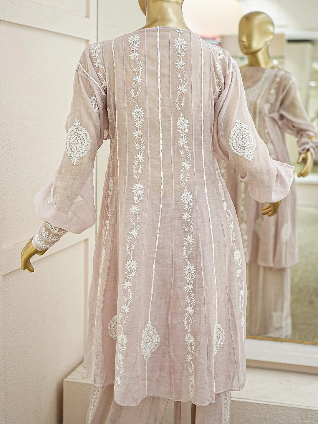 Ada Hand Embroidered Dusty Pink Tissue Lucknowi Chikankari Semi-Stitched Straight Kurta/Palazzo Set With Cutdana Work 01A935499