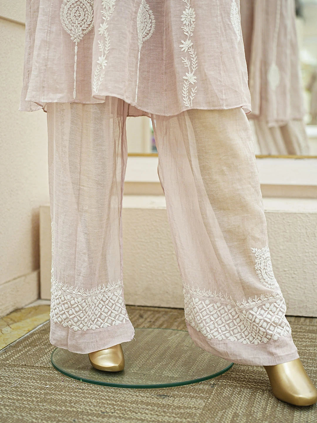 Ada Hand Embroidered Dusty Pink Tissue Lucknowi Chikankari Semi-Stitched Straight Kurta/Palazzo Set With Cutdana Work 01A935499