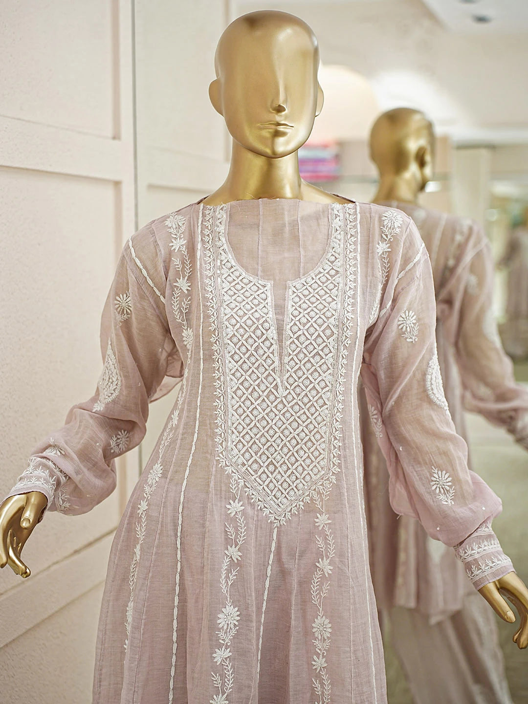 Ada Hand Embroidered Dusty Pink Tissue Lucknowi Chikankari Semi-Stitched Straight Kurta/Palazzo Set With Cutdana Work 01A935499