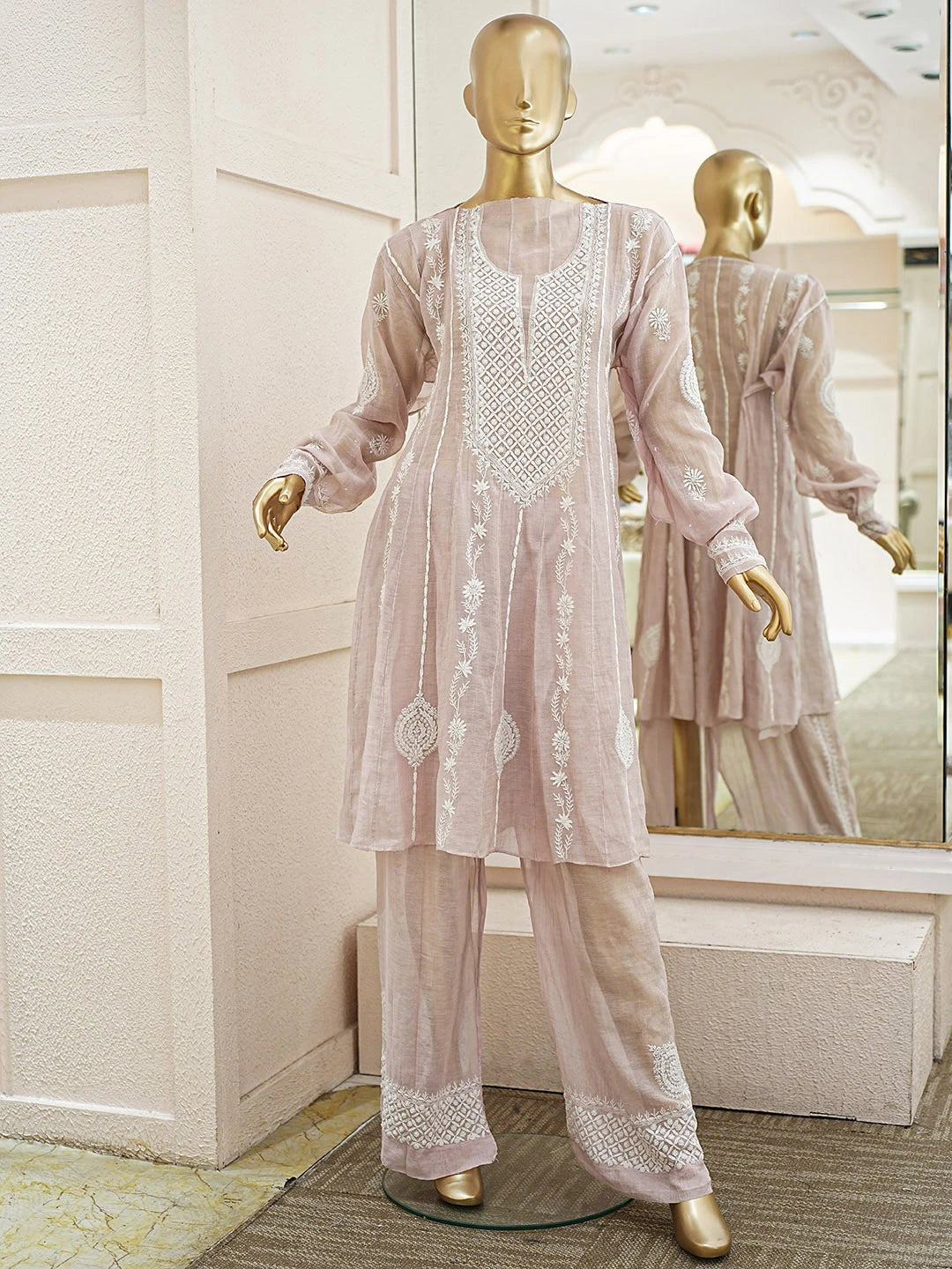 Ada Hand Embroidered Dusty Pink Tissue Lucknowi Chikankari Semi-Stitched Straight Kurta/Palazzo Set With Cutdana Work 01A935499
