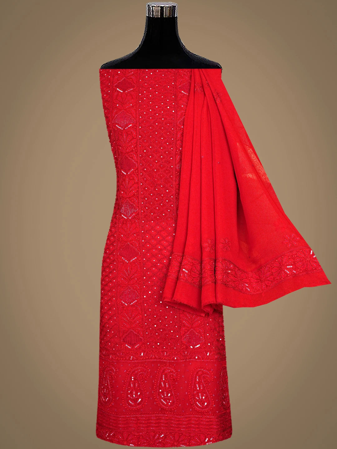 Ada Hand Embroidered Red Viscose Georgette Lucknowi Chikankari Unstitched Kurta Dupatta Set With Cutdana Work 01A784992