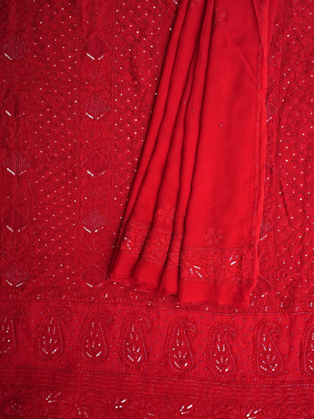 Ada Hand Embroidered Red Viscose Georgette Lucknowi Chikankari Unstitched Kurta Dupatta Set With Cutdana Work 01A784992