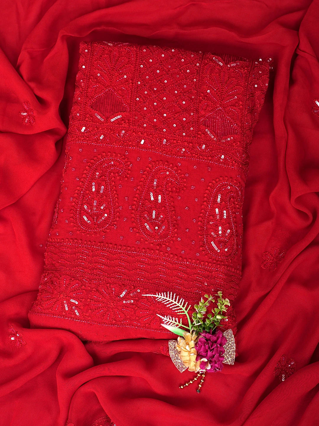 Ada Hand Embroidered Red Viscose Georgette Lucknowi Chikankari Unstitched Kurta Dupatta Set With Cutdana Work 01A784992