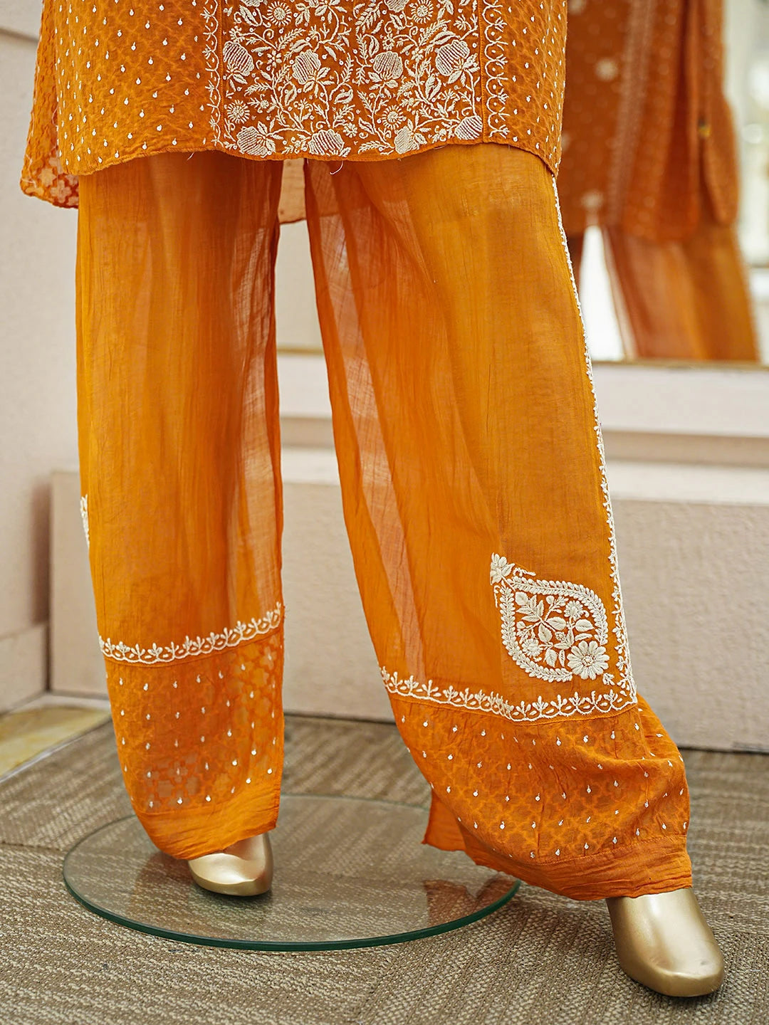 Ada Hand Embroidered Princeton Orange Chanderi Lucknowi Chikankari Semi-Stitched Straight Kurta/Palazzo Set With Cutdana Work 01A935524