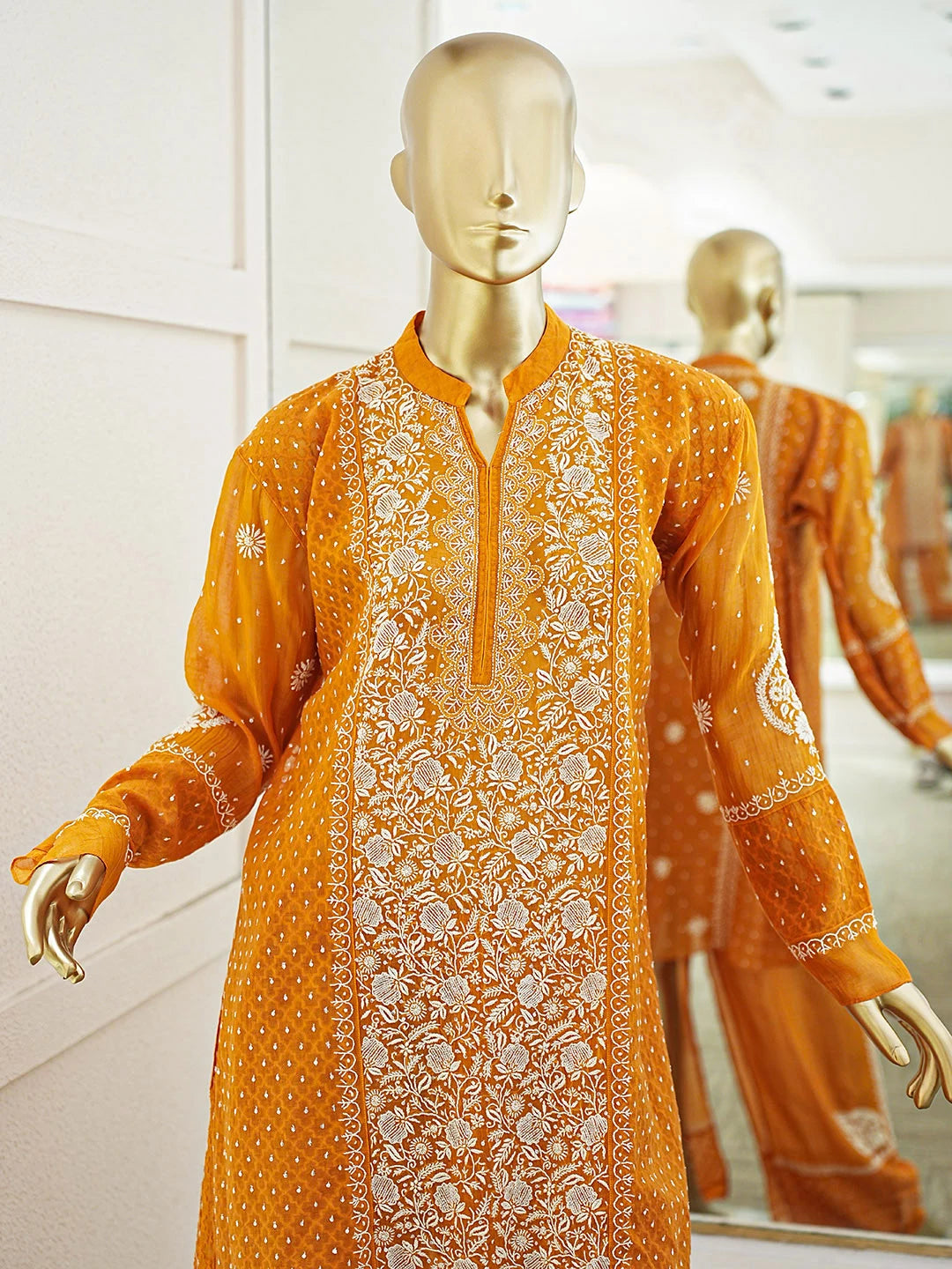 Ada Hand Embroidered Princeton Orange Chanderi Lucknowi Chikankari Semi-Stitched Straight Kurta/Palazzo Set With Cutdana Work 01A935524