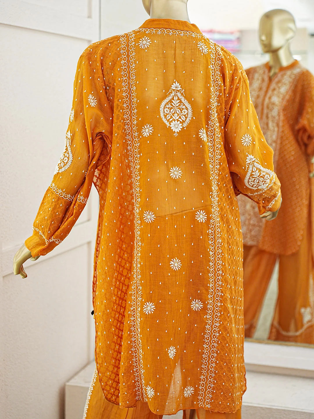Ada Hand Embroidered Princeton Orange Chanderi Lucknowi Chikankari Semi-Stitched Straight Kurta/Palazzo Set With Cutdana Work 01A935524