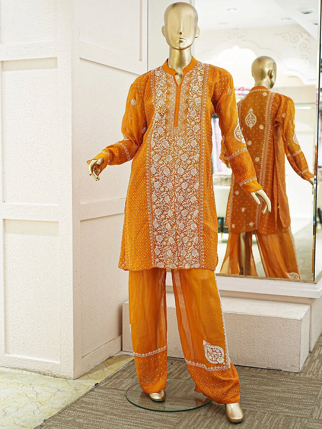 Ada Hand Embroidered Princeton Orange Chanderi Lucknowi Chikankari Semi-Stitched Straight Kurta/Palazzo Set With Cutdana Work 01A935524