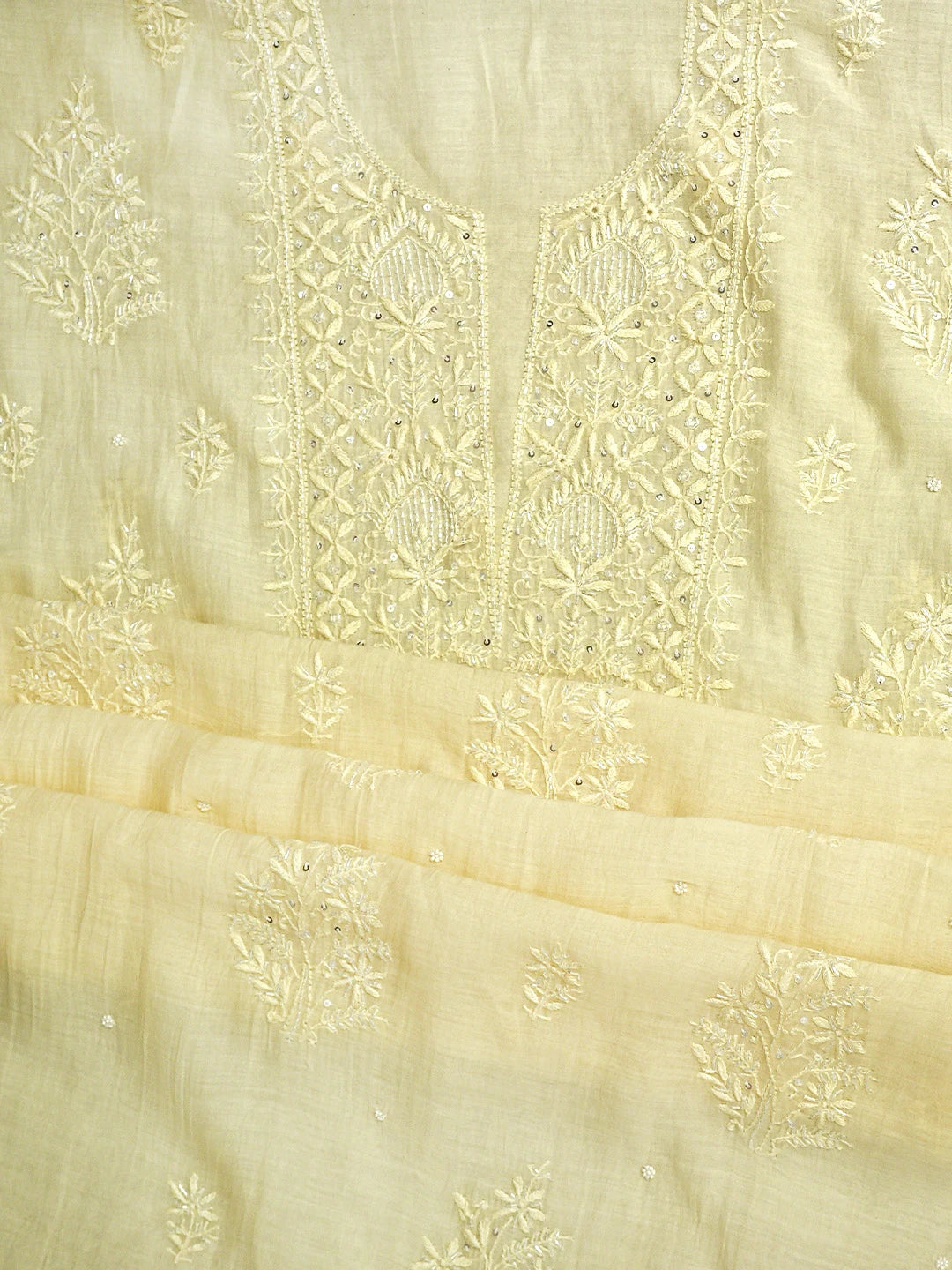 Ada Hand Embroidered Lemon Chanderi Lucknowi Chikankari Unstitched Kurta Dupatta Set With Cutdana Work 01A858778