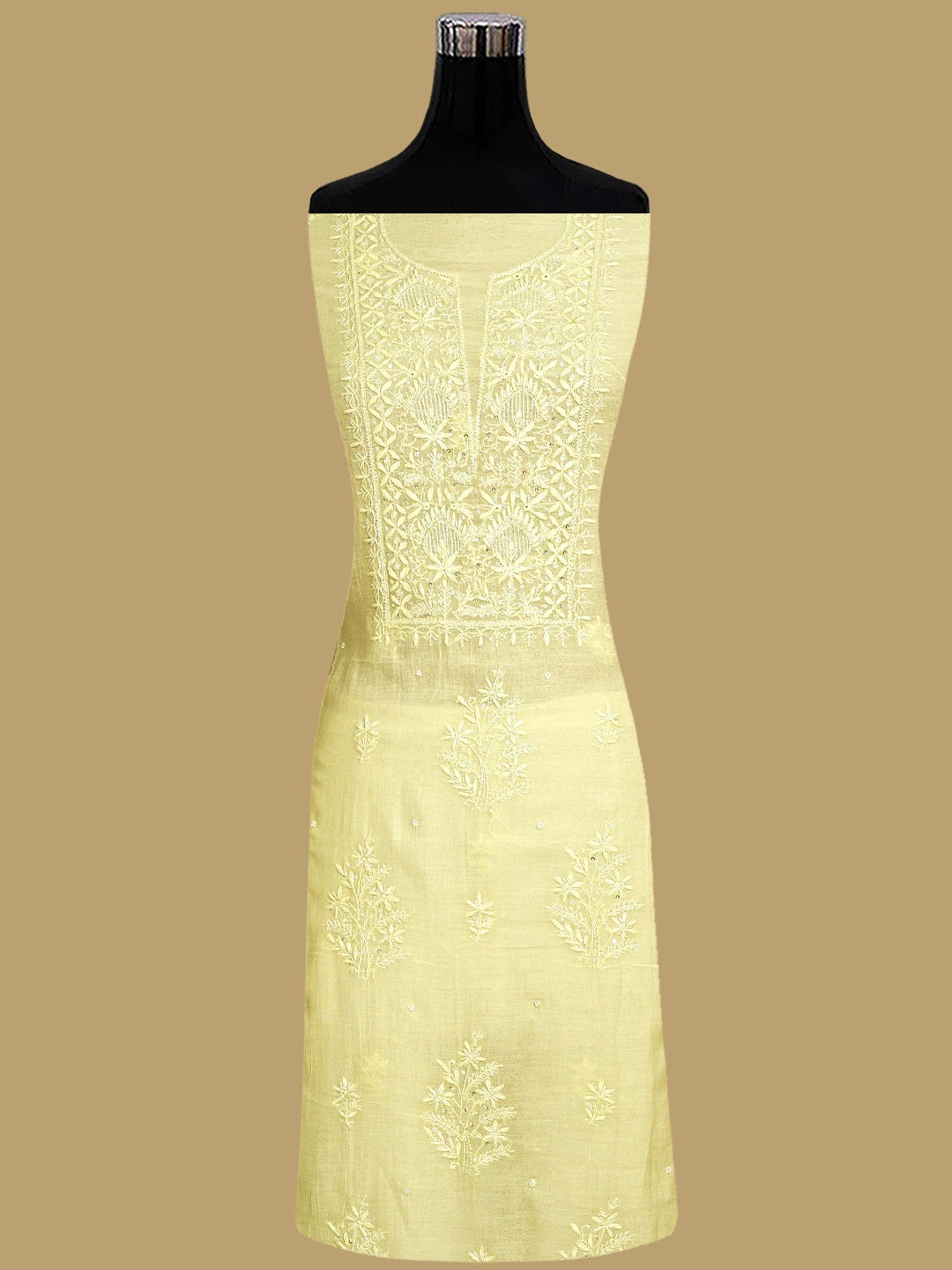 Ada Hand Embroidered Lemon Chanderi Lucknowi Chikankari Unstitched Kurta Dupatta Set With Cutdana Work 01A858778