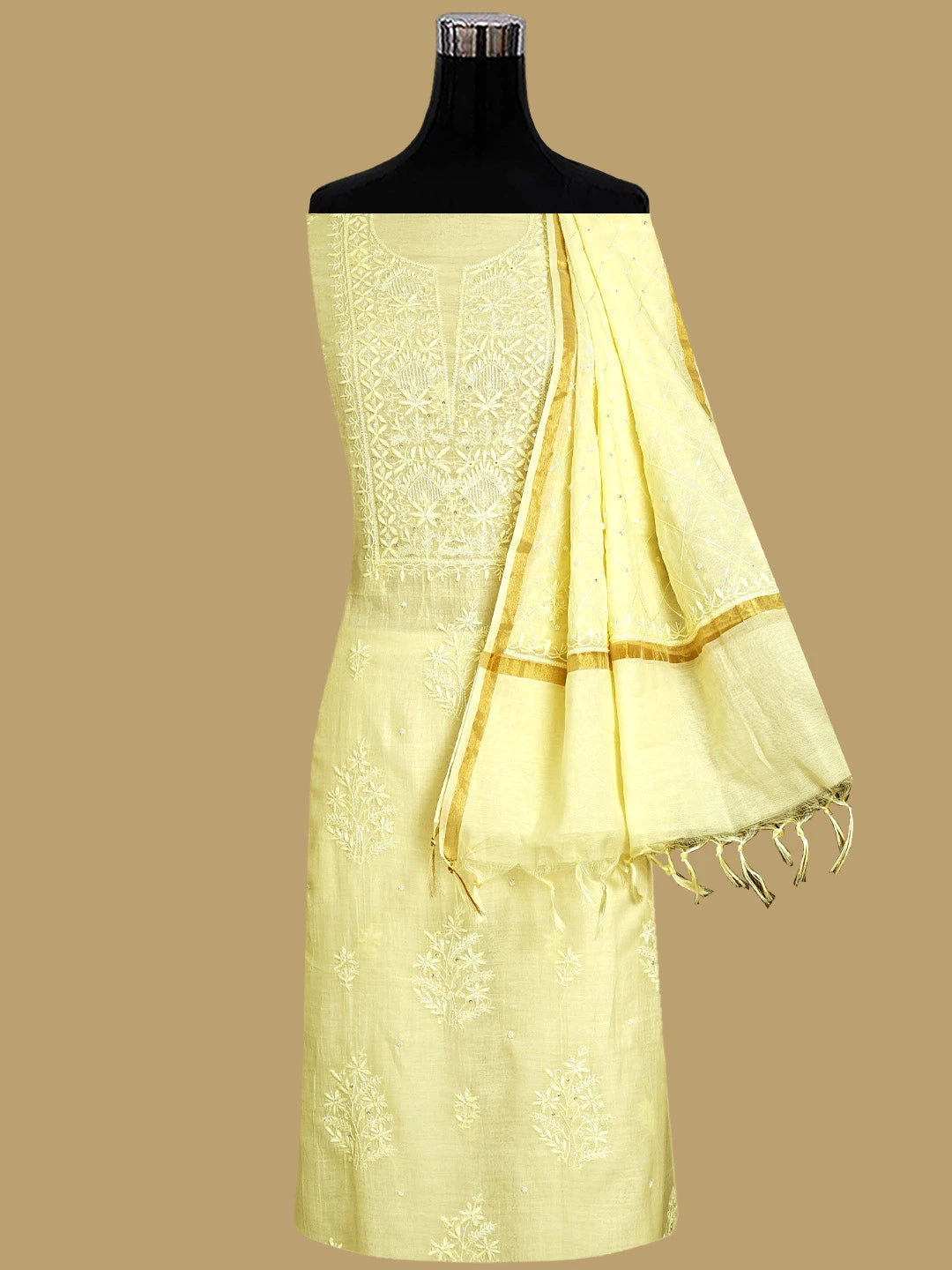 Ada Hand Embroidered Lemon Chanderi Lucknowi Chikankari Unstitched Kurta Dupatta Set With Cutdana Work 01A858778