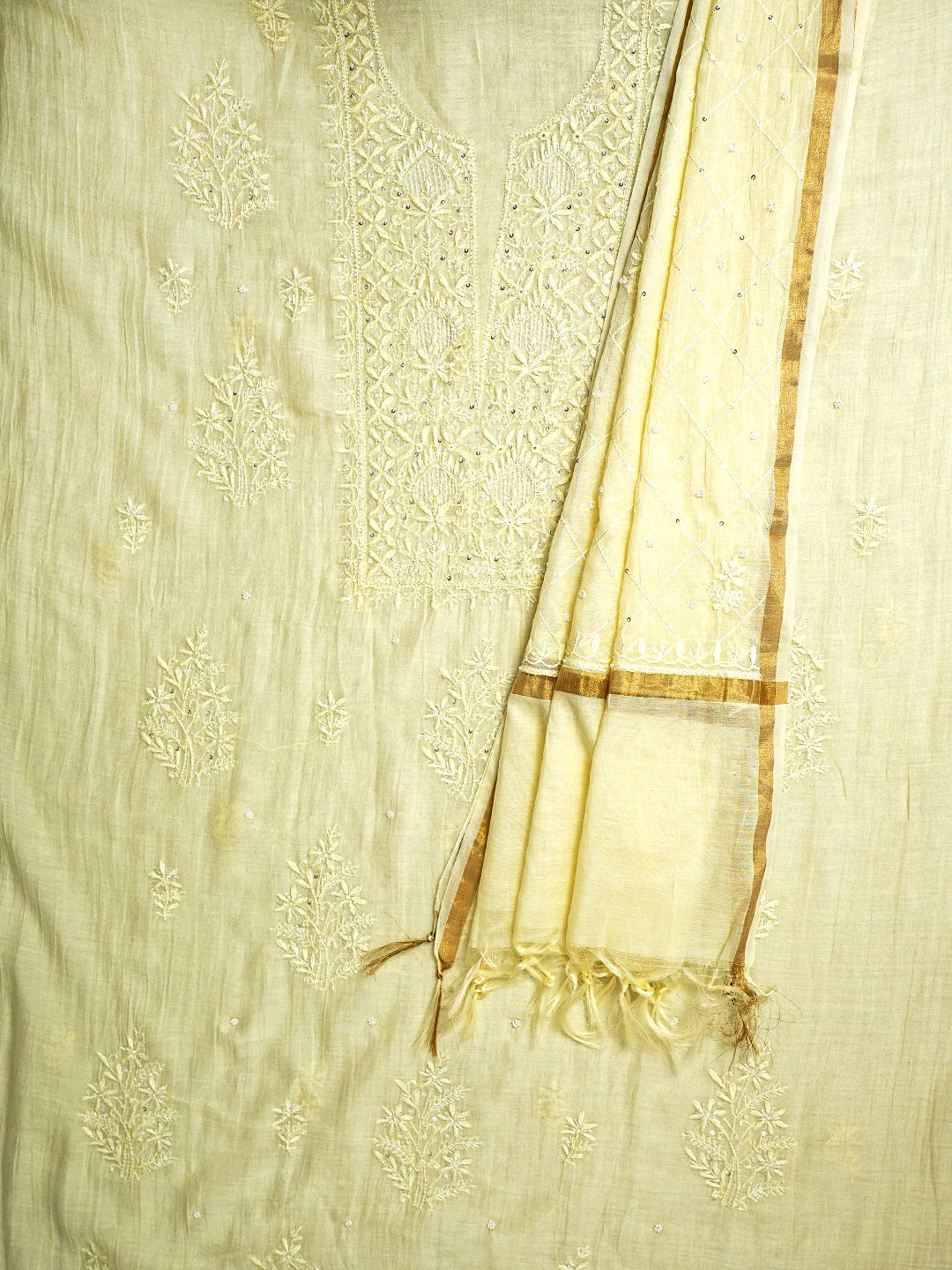 Ada Hand Embroidered Lemon Chanderi Lucknowi Chikankari Unstitched Kurta Dupatta Set With Cutdana Work 01A858778