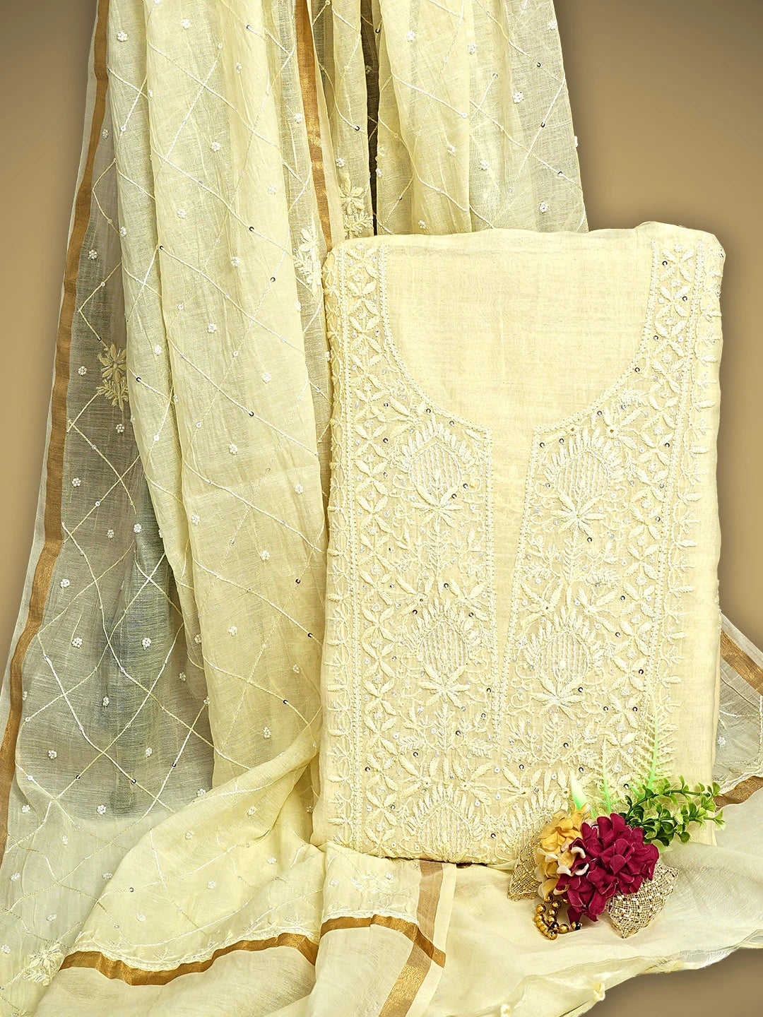Ada Hand Embroidered Lemon Chanderi Lucknowi Chikankari Unstitched Kurta Dupatta Set With Cutdana Work 01A858778