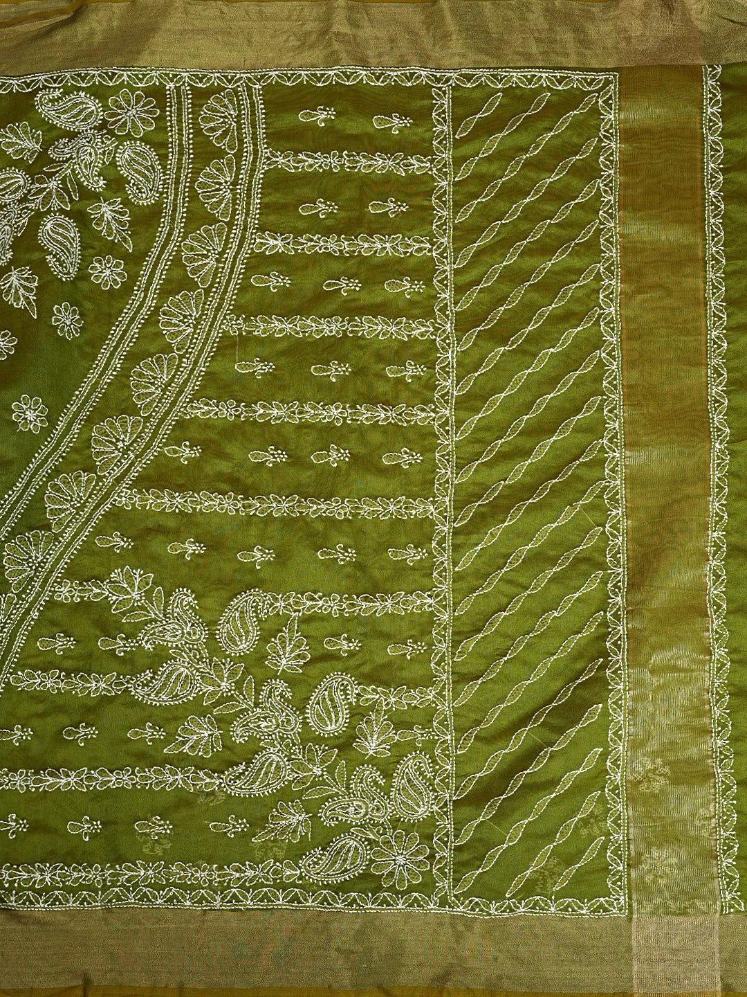 Ada Hand Embroidered Mehandi Green Chanderi Lucknowi Chikankari Saree With Blouse 01A913307