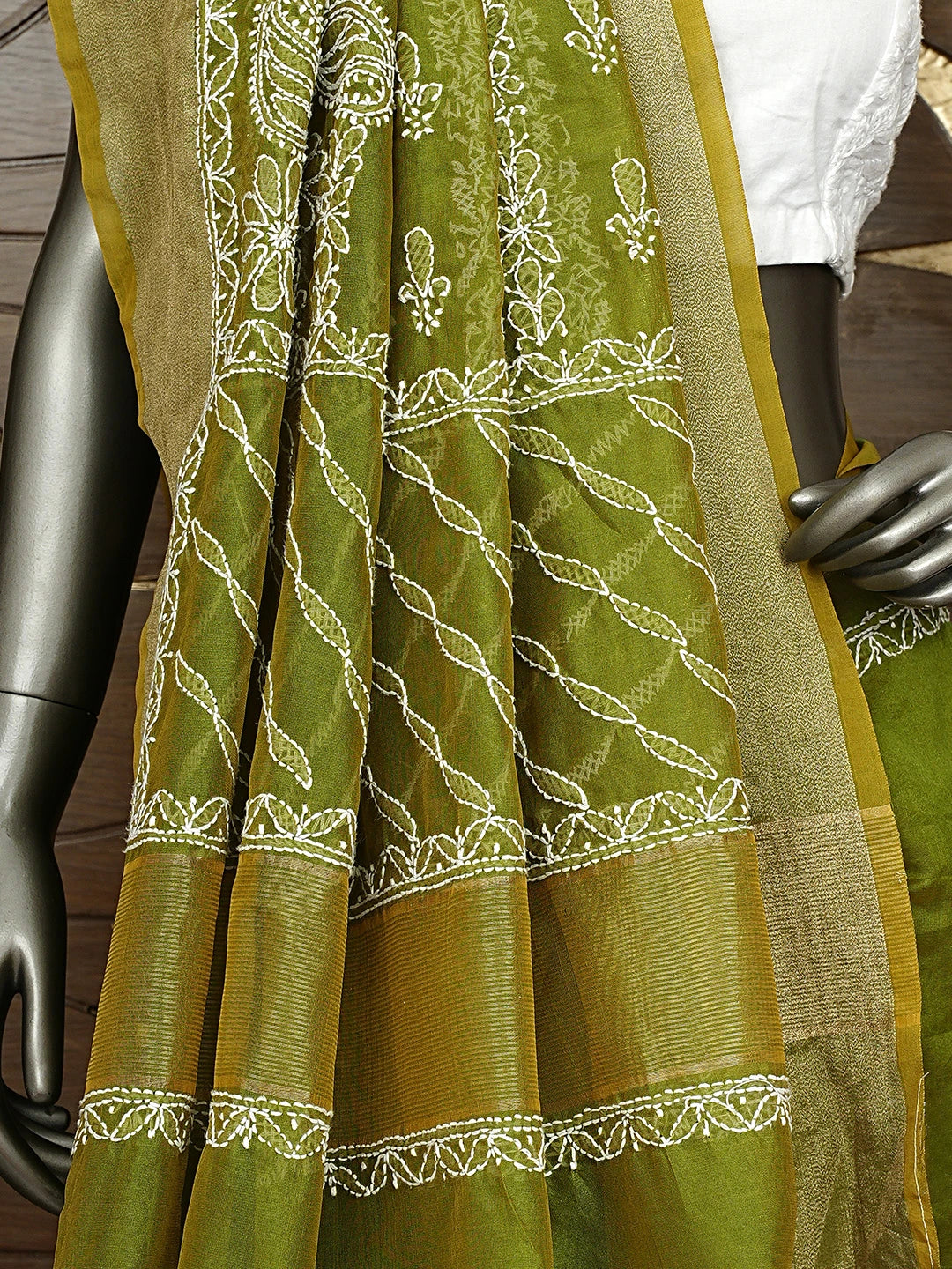 Ada Hand Embroidered Mehandi Green Chanderi Lucknowi Chikankari Saree With Blouse 01A913307