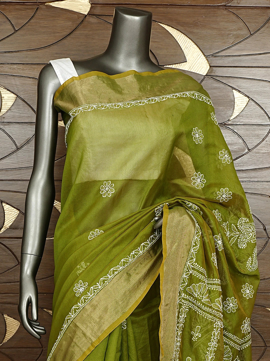 Ada Hand Embroidered Mehandi Green Chanderi Lucknowi Chikankari Saree With Blouse 01A913307