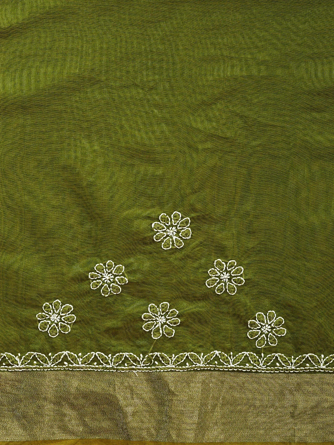 Ada Hand Embroidered Mehandi Green Chanderi Lucknowi Chikankari Saree With Blouse 01A913307