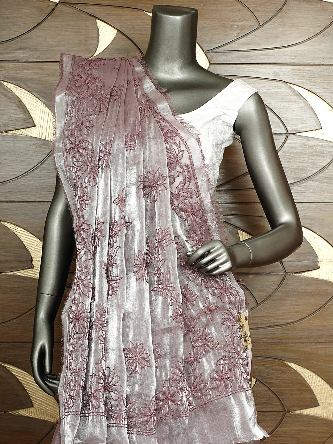 Ada Hand Embroidered Mauve Taupe Tissue Lucknowi Chikankari Saree and Blouse 01A911312