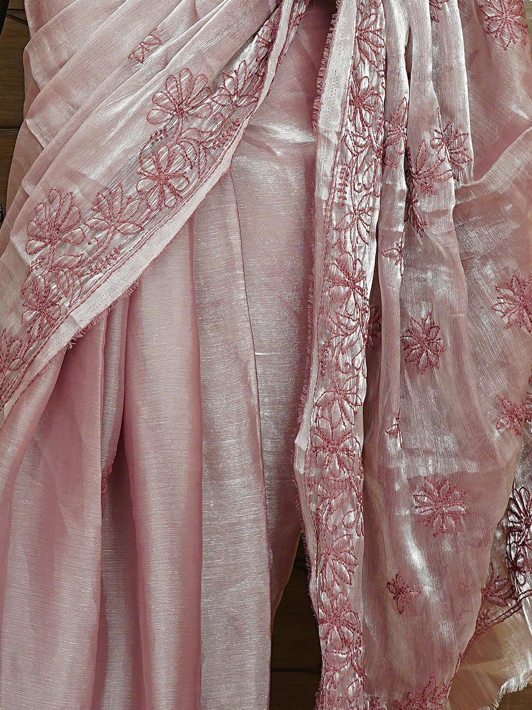 Ada Hand Embroidered Mauve Taupe Tissue Lucknowi Chikankari Saree and Blouse 01A911312
