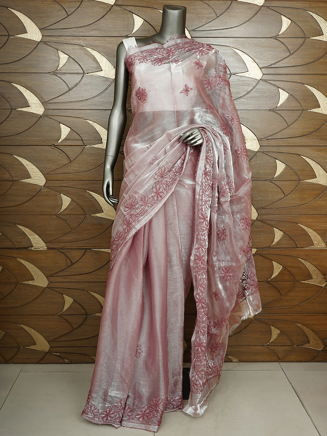 Ada Hand Embroidered Mauve Taupe Tissue Lucknowi Chikankari Saree and Blouse 01A911312