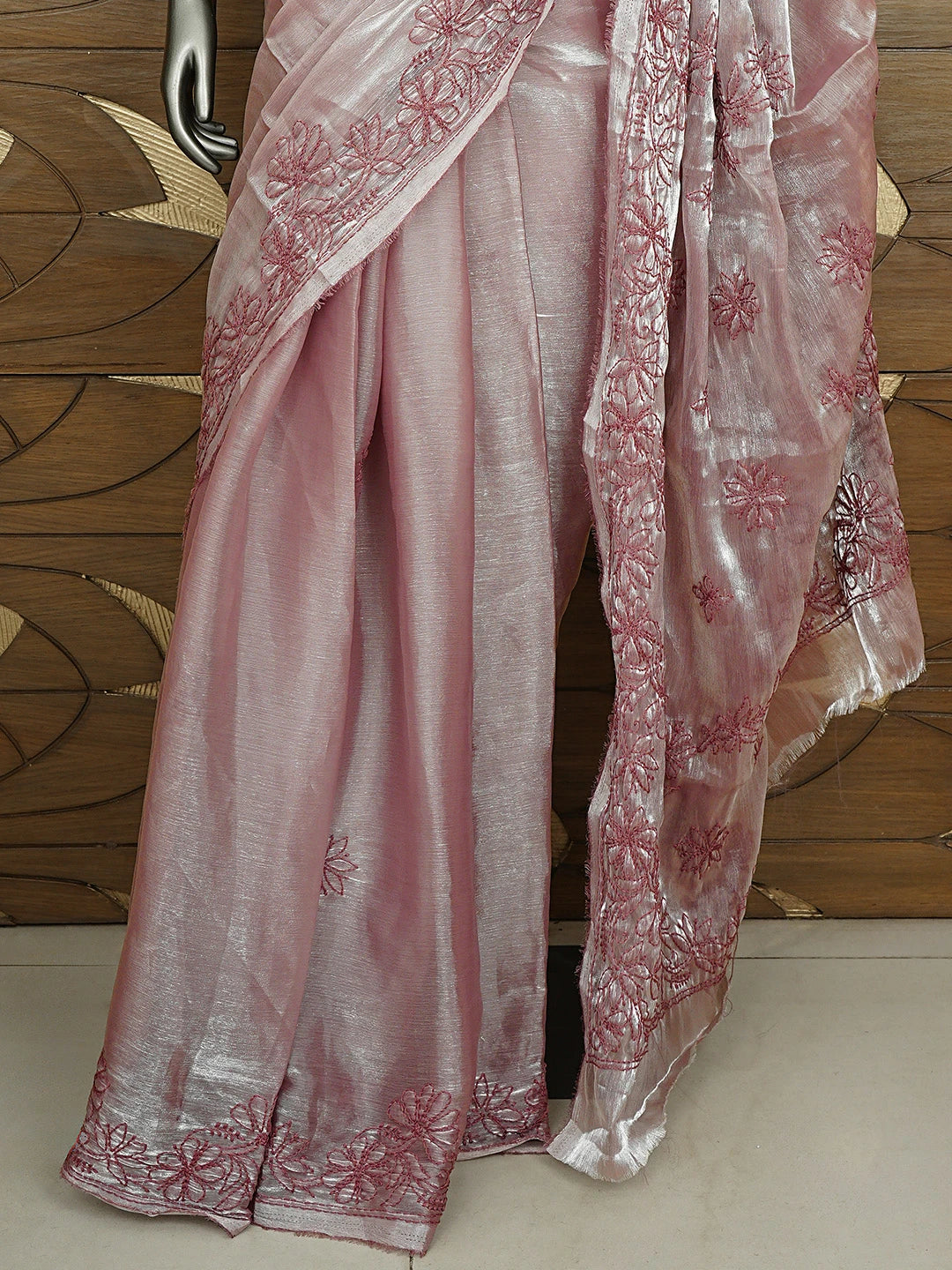 Ada Hand Embroidered Mauve Taupe Tissue Lucknowi Chikankari Saree and Blouse 01A911312