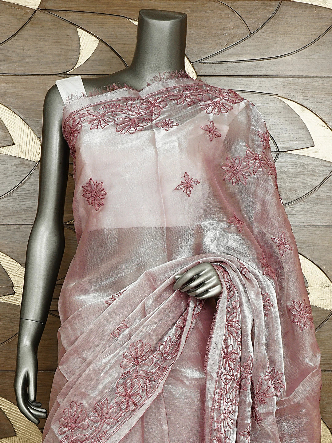 Ada Hand Embroidered Mauve Taupe Tissue Lucknowi Chikankari Saree and Blouse 01A911312