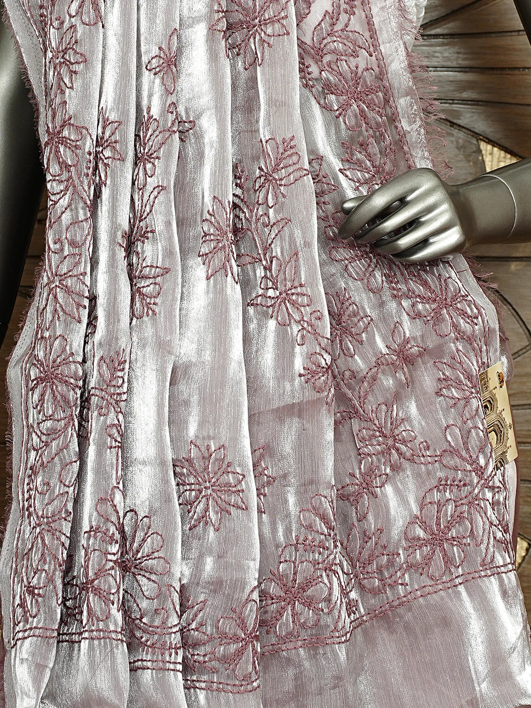 Ada Hand Embroidered Mauve Taupe Tissue Lucknowi Chikankari Saree and Blouse 01A911312
