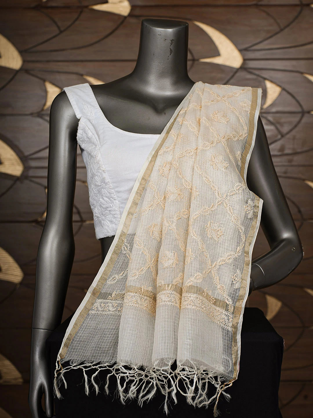 Ada Hand Embroidered Fawn Kota Silk Lucknowi Chikankari Dupatta 01A908992