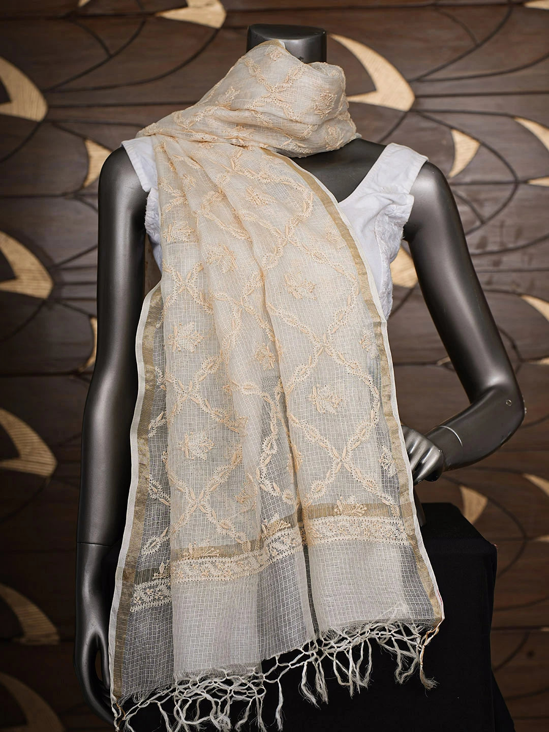 Ada Hand Embroidered Fawn Kota Silk Lucknowi Chikankari Dupatta 01A908992