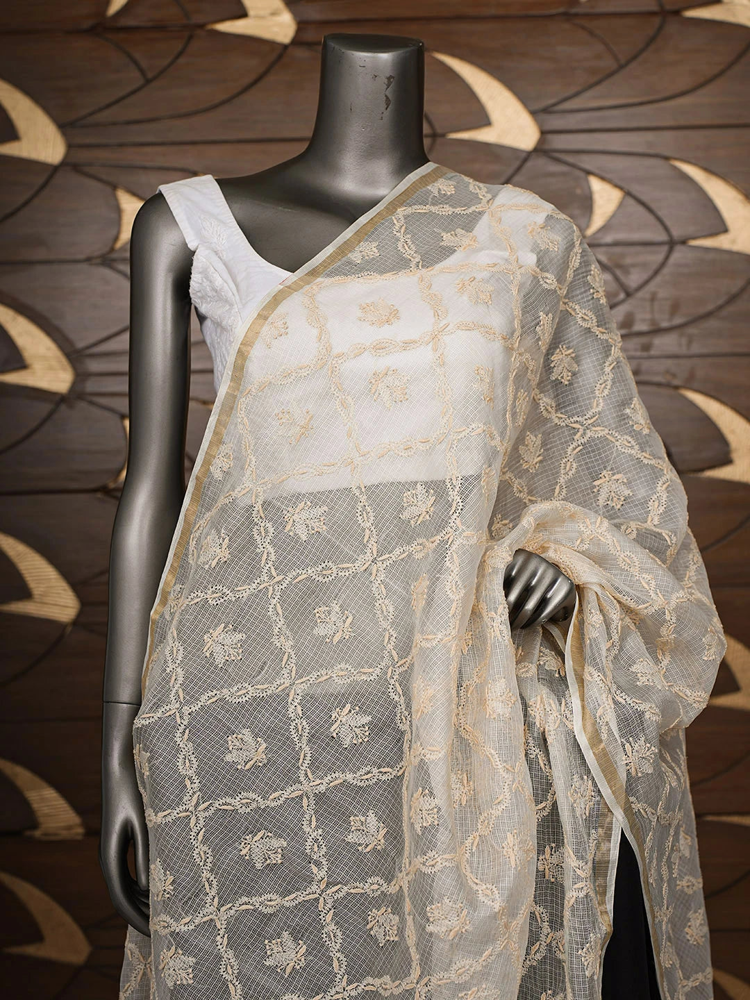 Ada Hand Embroidered Fawn Kota Silk Lucknowi Chikankari Dupatta 01A908992