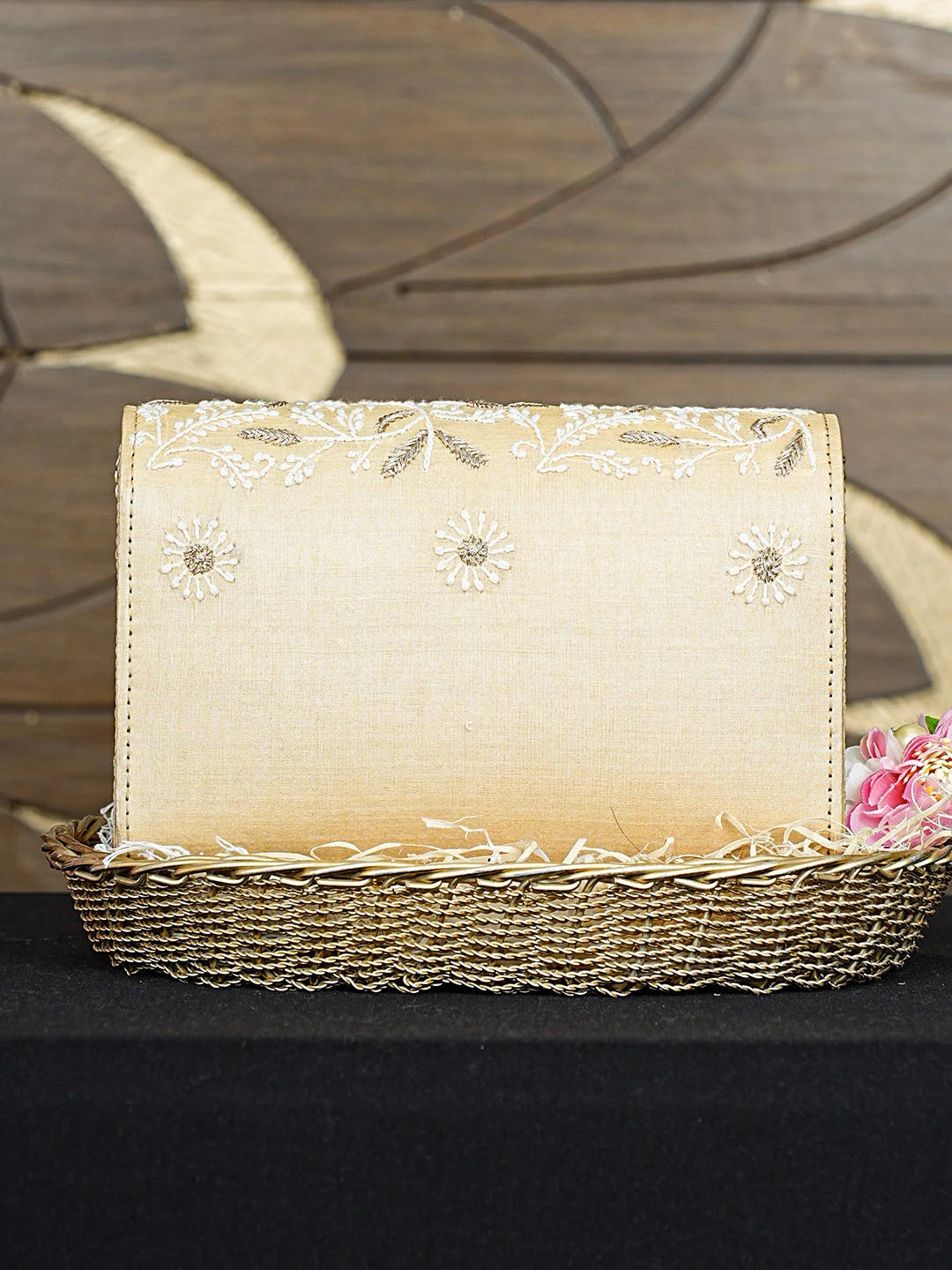 Ada Hand Embroidered Buff Yellow Silk Lucknowi Chikankari Clutch With Zari Work 01A887112