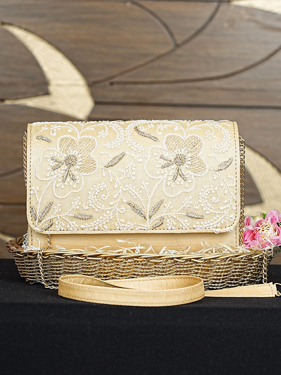 Ada Hand Embroidered Buff Yellow Silk Lucknowi Chikankari Clutch With Zari Work 01A887112