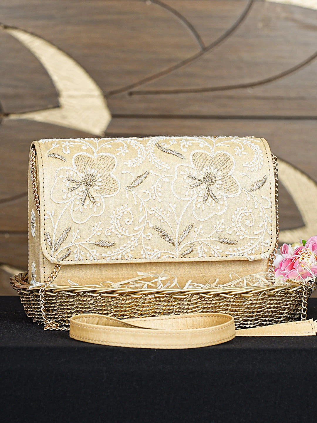 Ada Hand Embroidered Buff Yellow Silk Lucknowi Chikankari Clutch With Zari Work 01A887112