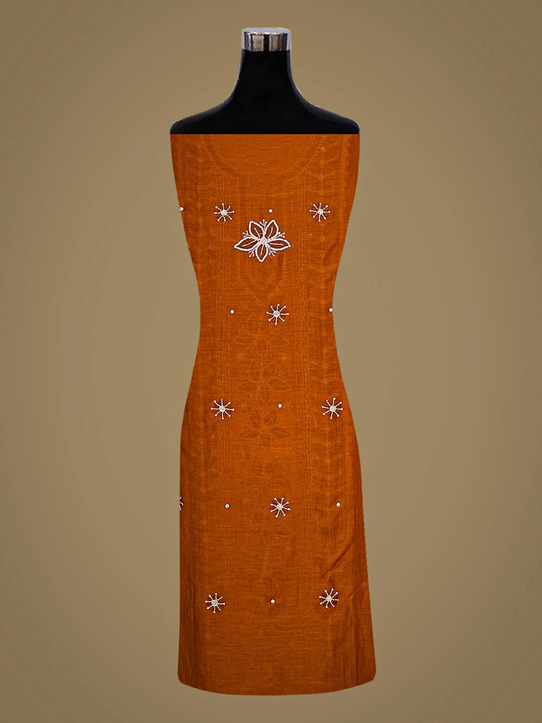 Ada Hand Embroidered Rust Chanderi Lucknowi Chikankari Unstitched Kurta Dupatta Set With Pearl Work 01A610058