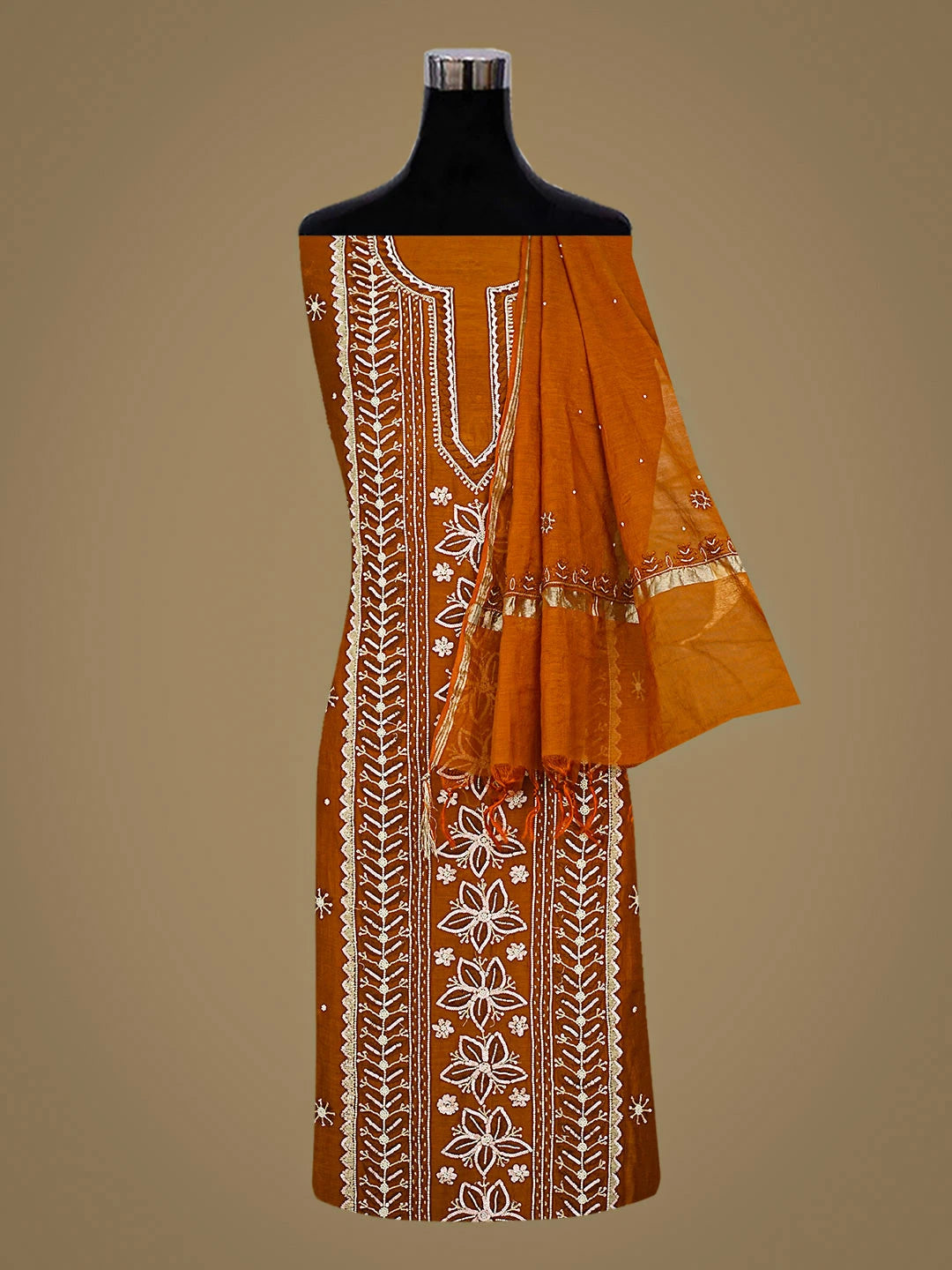 Ada Hand Embroidered Rust Chanderi Lucknowi Chikankari Unstitched Kurta Dupatta Set With Pearl Work 01A610058