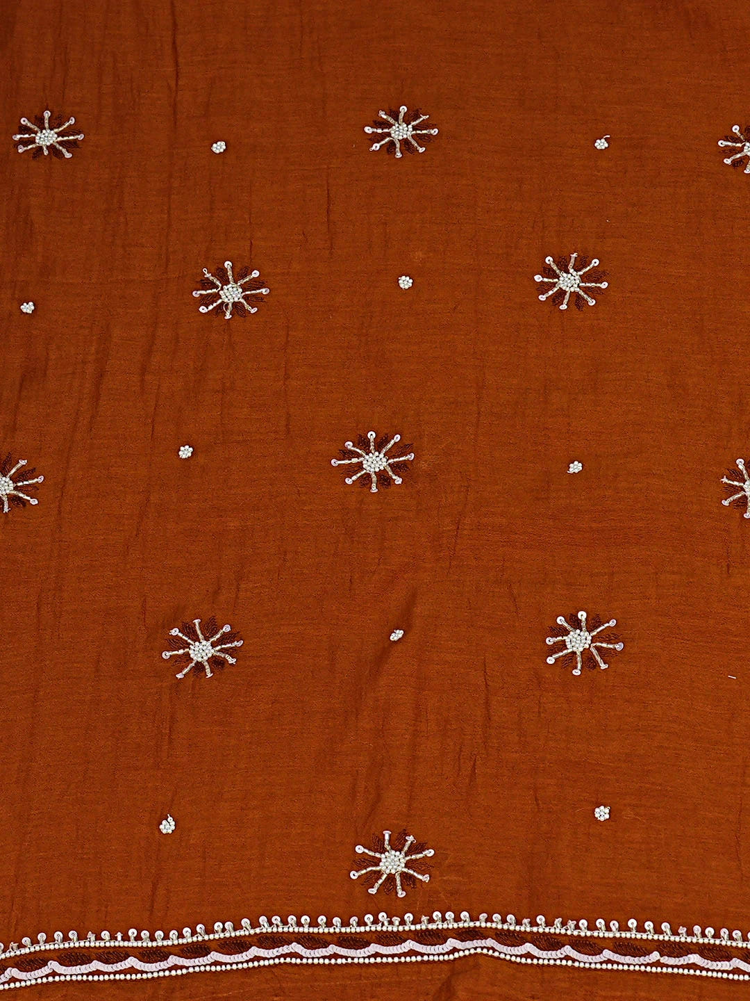 Ada Hand Embroidered Rust Chanderi Lucknowi Chikankari Unstitched Kurta Dupatta Set With Pearl Work 01A610058