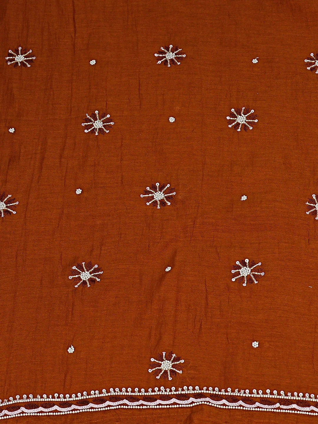 Ada Hand Embroidered Rust Chanderi Lucknowi Chikankari Unstitched Kurta Dupatta Set With Pearl Work 01A610058