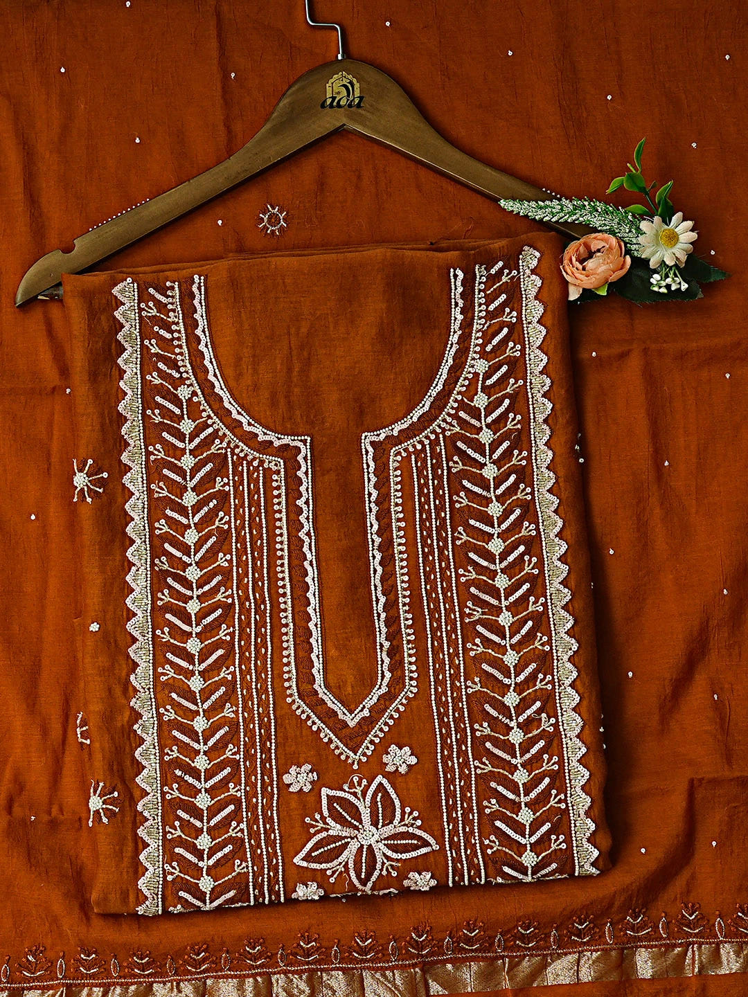 Ada Hand Embroidered Rust Chanderi Lucknowi Chikankari Unstitched Kurta Dupatta Set With Pearl Work 01A610058