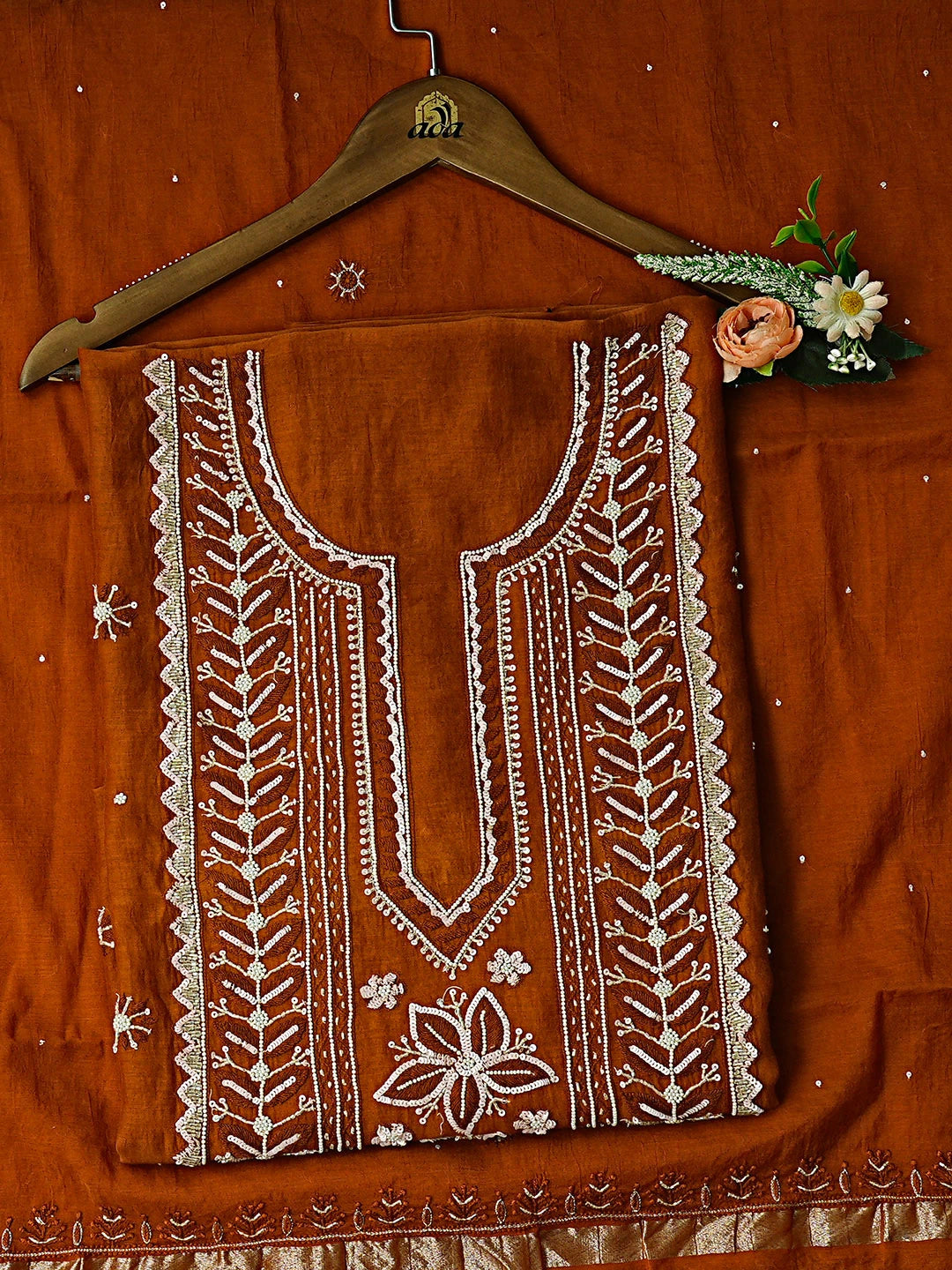 Ada Hand Embroidered Rust Chanderi Lucknowi Chikankari Unstitched Kurta Dupatta Set With Pearl Work 01A610058