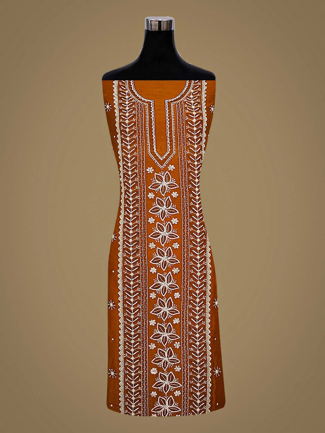 Ada Hand Embroidered Rust Chanderi Lucknowi Chikankari Unstitched Kurta Dupatta Set With Pearl Work 01A610058